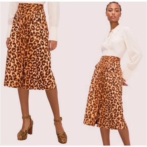 Kate Spade Panthera Canvas Midi Skirt 6 Pockets Linen Cotton Leopard Print $228 - Picture 2 of 14